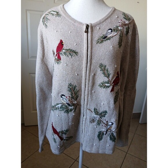 Croft‎ and Barrow Petite M/L  Women's Sweater Embroidered Festive Birds - Picture 1 of 16